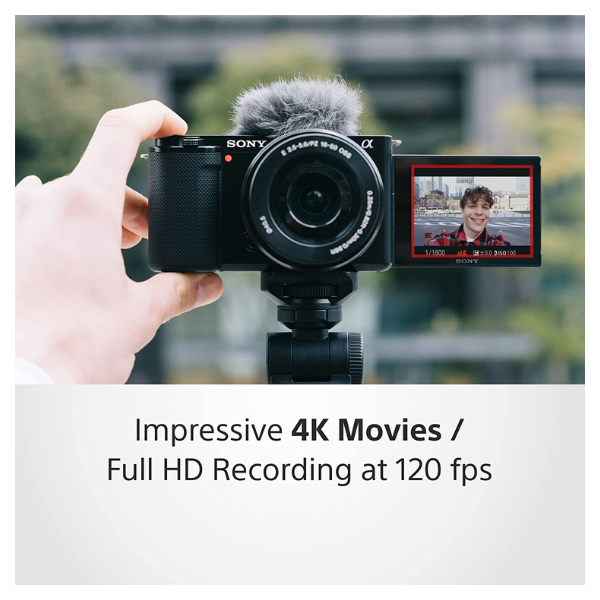 Sony Alpha ZV-E10 24.2 Mega Pixel Interchangeable-Lens Mirrorless vlog Camera, Made for Creators (APS-C Sensor, Advanced Autofocus, Clear Audio, 4K Movie Recording) Body Only – Black, Compact